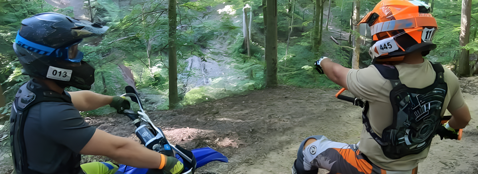 Two MX bikers idling atop a wooded hill, overlooking trail below